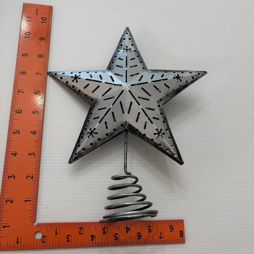 Vintage 1990s Tree Topper Silver Metal Star Spring Base Rustic Christmas